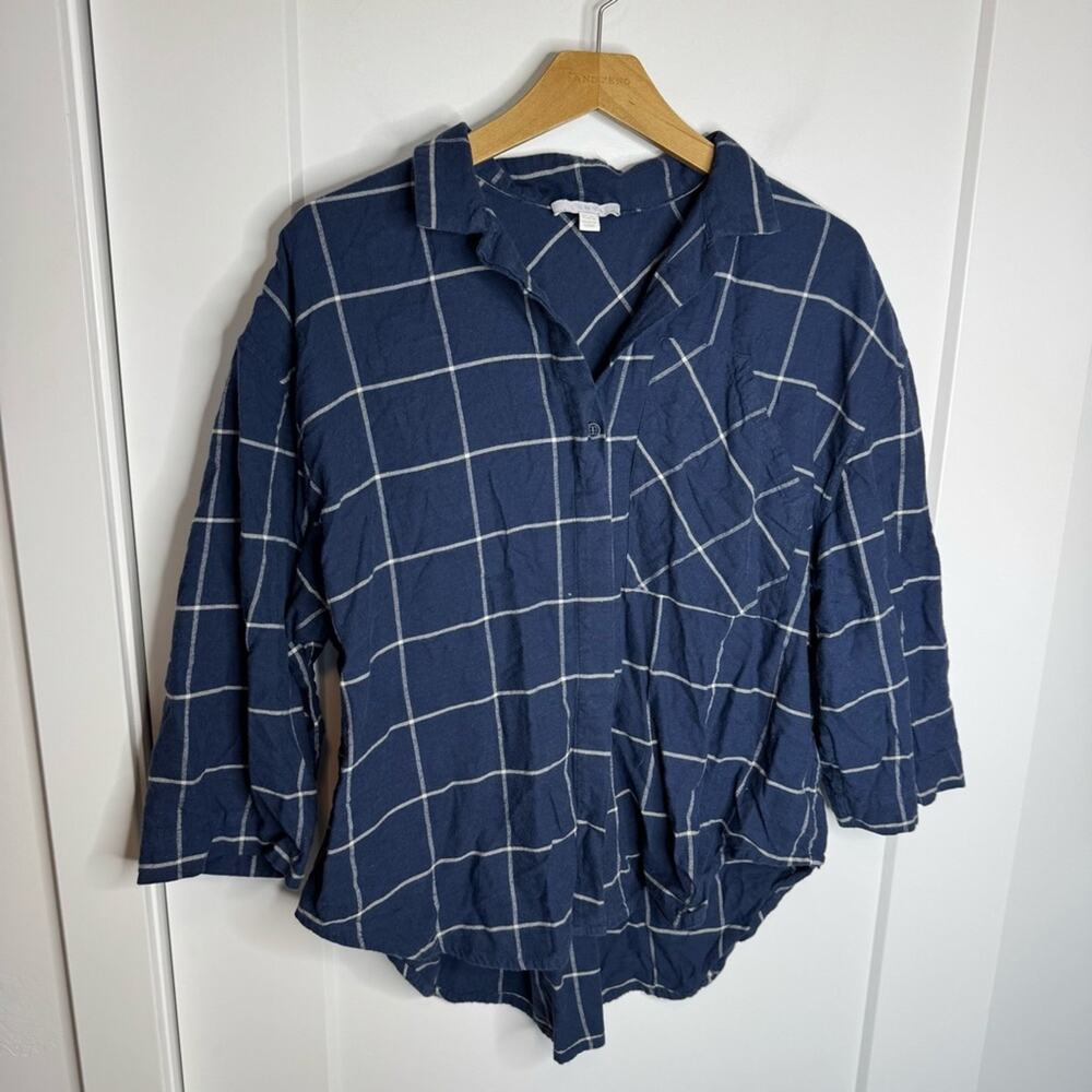 Lunya Blue Windowpane Button Front Cotton Blend Relaxed Shirt Size XS/S